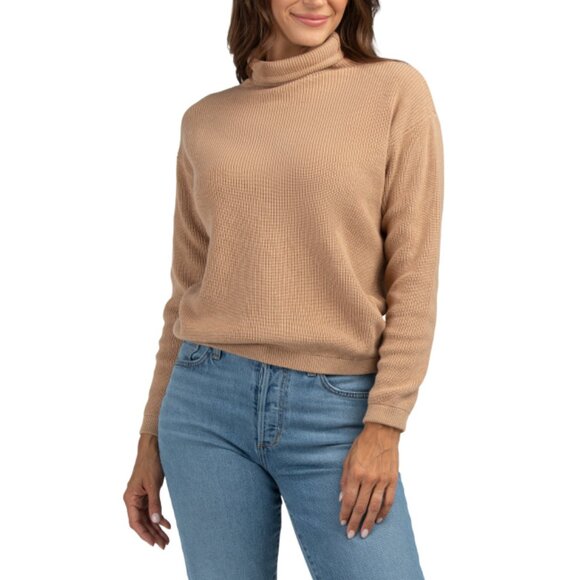EDINBURGH KNITS Camel Pima Cotton Shaker Knit Funnel Neck Sweater - Picture 1 of 2